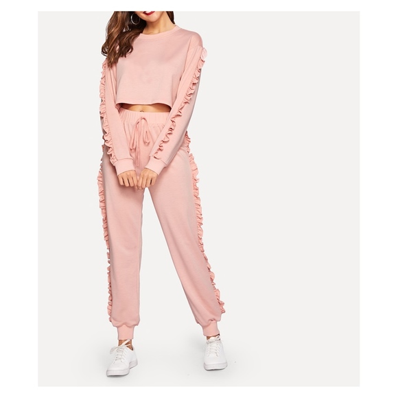 Pink Ruffle Trim Drawstring High Waist Sweatpants - Picture 3 of 6